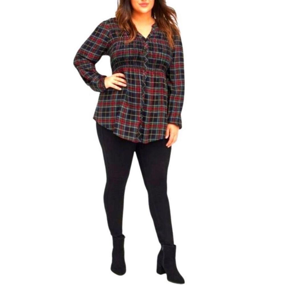 Torrid Plaid Babydoll Tunic Top 2 2X Plus Smocked Button Front Tartan Navy Red